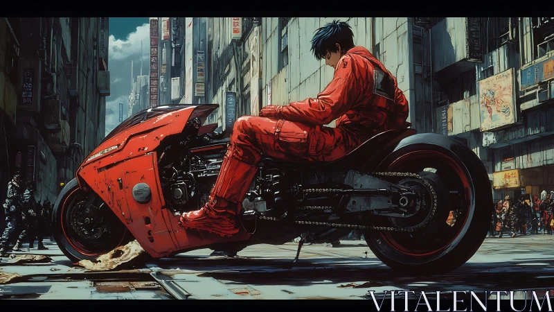 Motorcyclist in red suit on futuristic street bike in city.