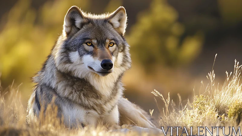 Sunlit meadow turns wolf’s quiet vigilance into liquid gold