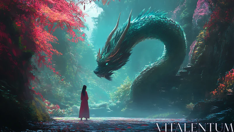 Forest dragon bends toward lone robed visitor in misted glade.