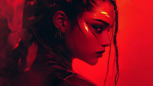 Red lit digital portrait of intense woman in profile view.