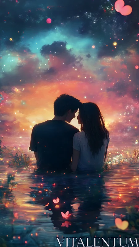 Silhouetted couple in luminescent waters under ethereal sky.