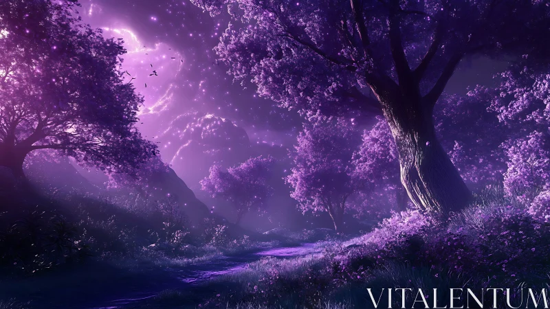 Purple forest path curves beneath glowing celestial sky