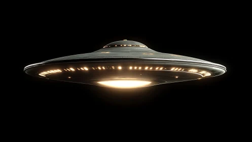 Disc shaped spacecraft with illuminated rim in dark space.