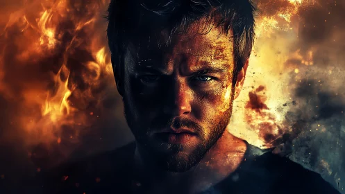 Male portrait amid surrounding flames and dense smoke field.