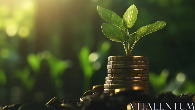 Sunlit coin stack nurturing a hopeful green seedling.