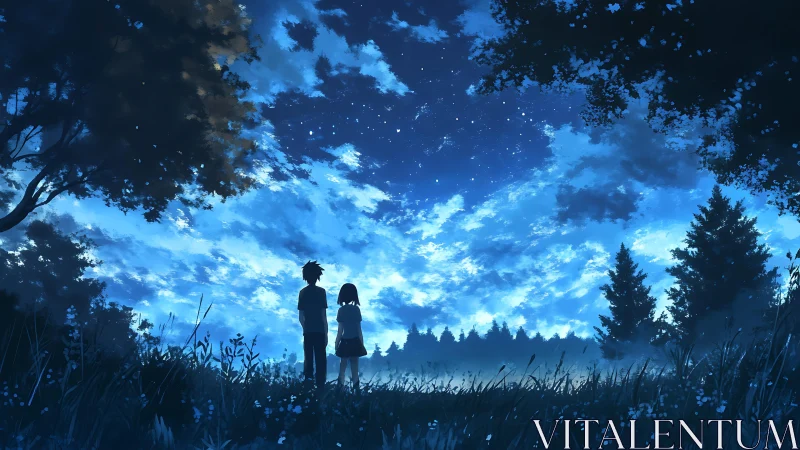 Starlit meadow gently holds two friends beneath a vast sky