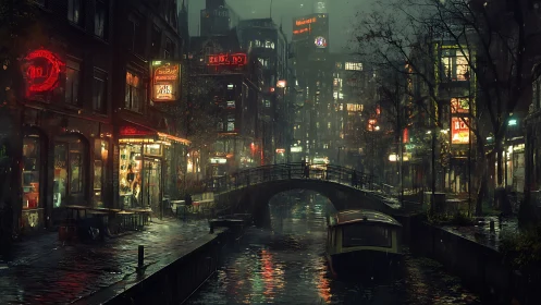 Neon lit rainy canal street with bridge and moored boat.