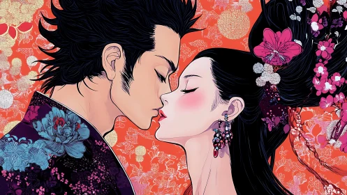 Romantic Connection Two Figures Kiss Against Floral Background.