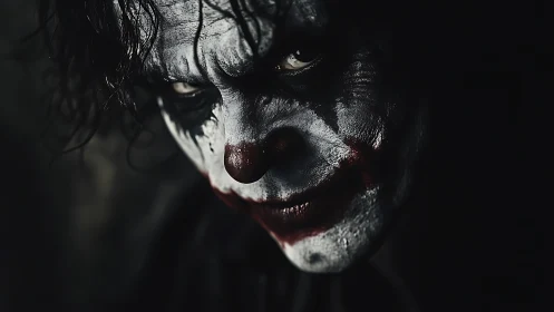 Shadow-drenched clown grins while the darkness leans closer