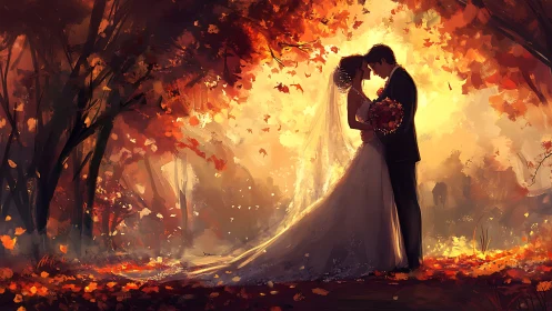 Autumn forest wedding couple silhouetted in golden backlight.