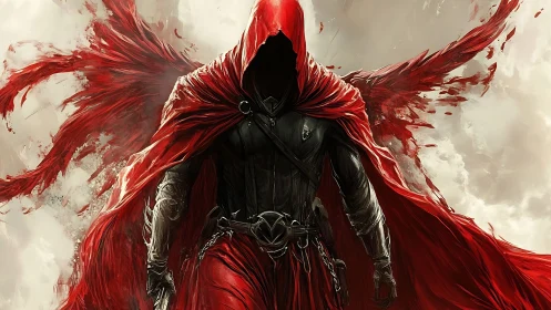 Hooded red reaper strides forward with torn winged cloak.