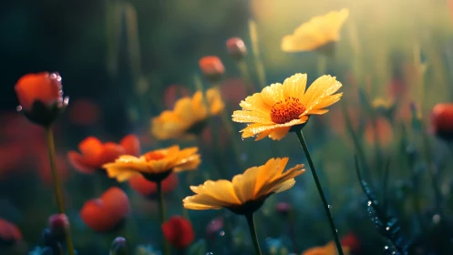 Wet Gerberas with Dew Drops in Golden Light.