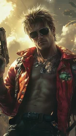 Sunlit rebel hero in red jacket and stormy skies.