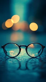 Round eyeglasses on wet surface with blurred city lights.