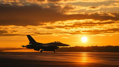 Silhouetted fighter jet accelerates on runway under intense sunset sky