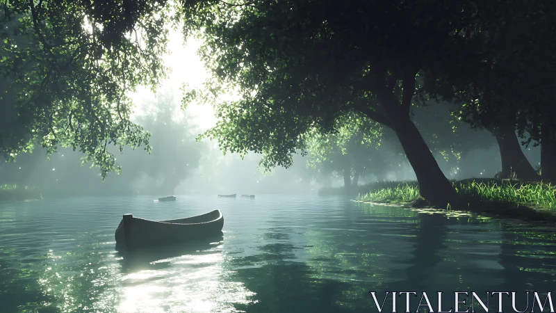 Sunlit river canoe drifts beneath dense emerald canopy.
