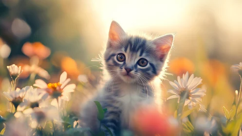 Kitten discovers wonder amid blooming daisy realm