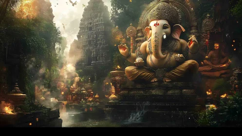Majestic Ganesha statue guards mystical jungle temple complex.