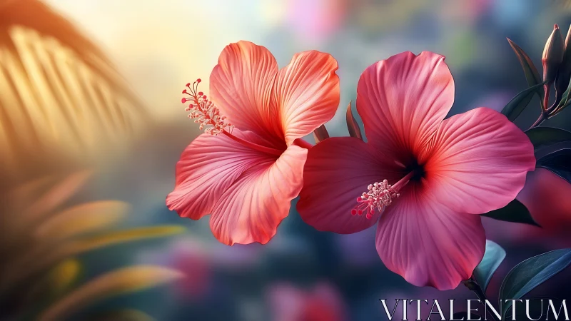 Red hibiscus flowers with soft tropical background view.