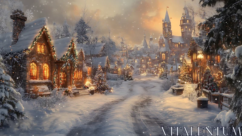 Snowy Christmas village street with warm glowing lights.