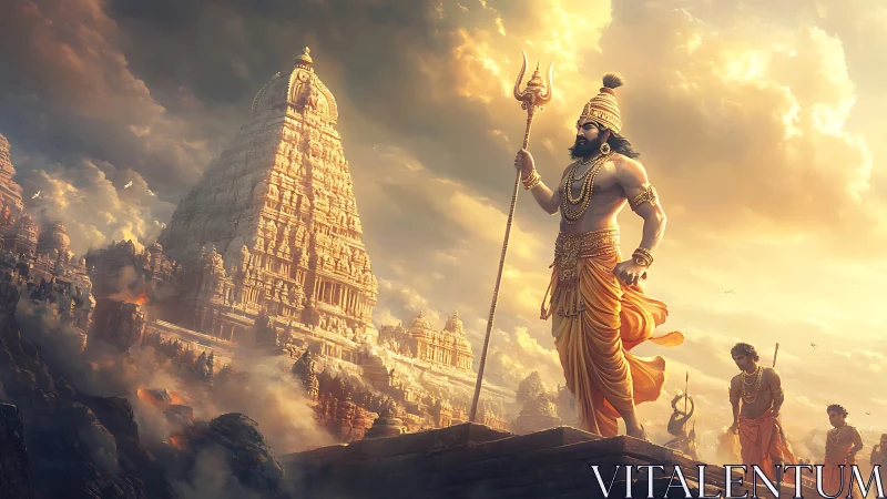 Warrior ascends temple city under a storm-lit golden sky