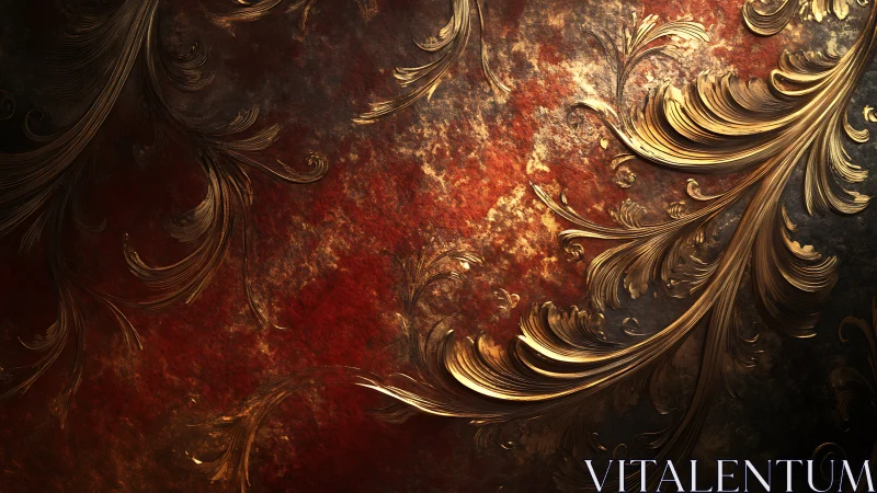 Baroque metallic scrollwork over oxidized crimson substrate.