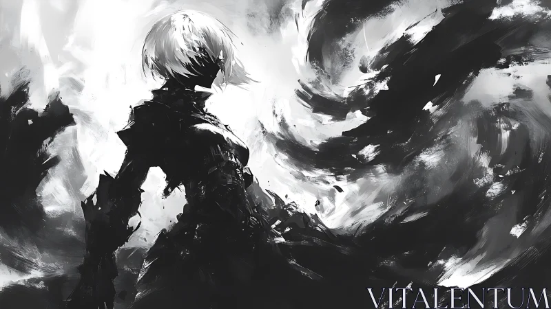 Monochrome android warrior in swirling abstract vortex field