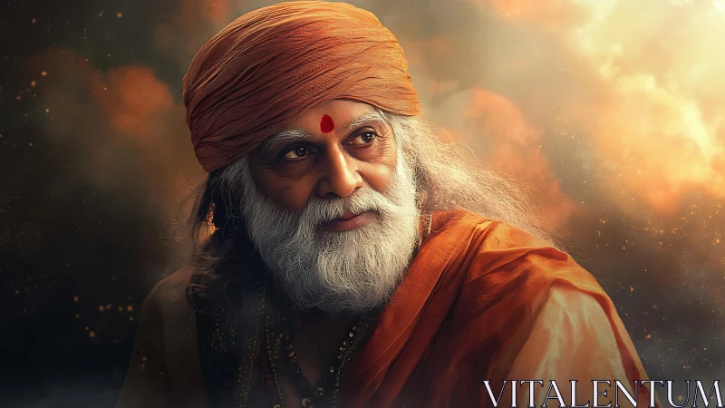 Mystic elder portrait in orange robes under glowing clouds.