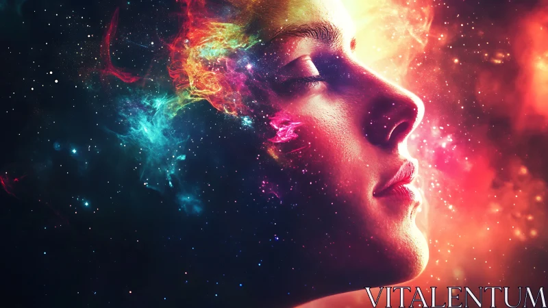 Cosmic portrait of serene face dissolving into nebulae.