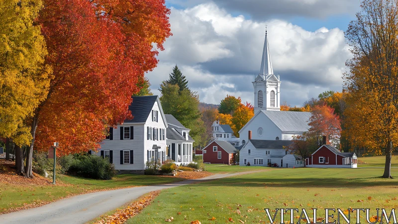 White church and houses sit among vivid autumn foliage