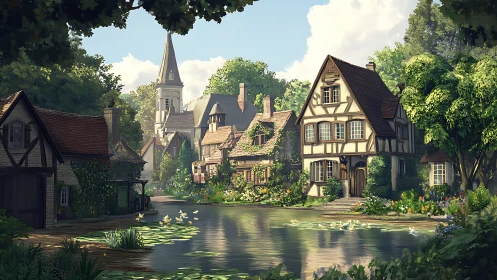 Idyllic riverside village rendered in detailed digital painting