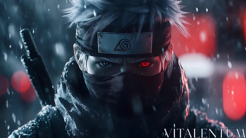Masked silver-haired shinobi portrait with glowing red eye