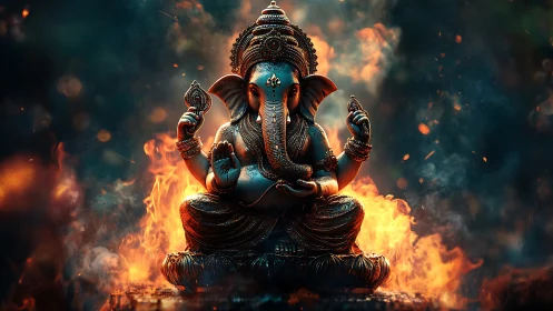 Ganesha statue glows amid firelit smoke and teal shadows.