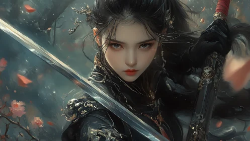 Fierce warrior girl steadies her blade amid drifting petals
