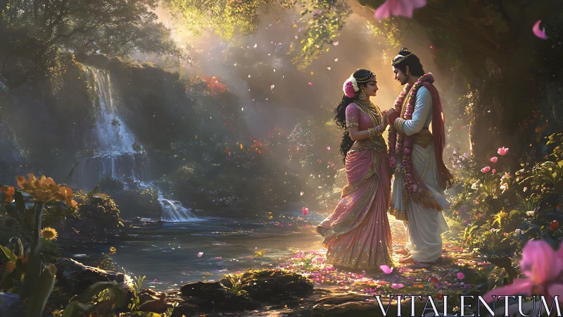 Couple in Ornate Attire by Enchanted Waterfall