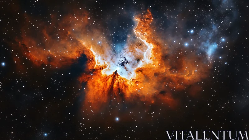 Fiery stellar nebula blooms against a star-dense cosmos.