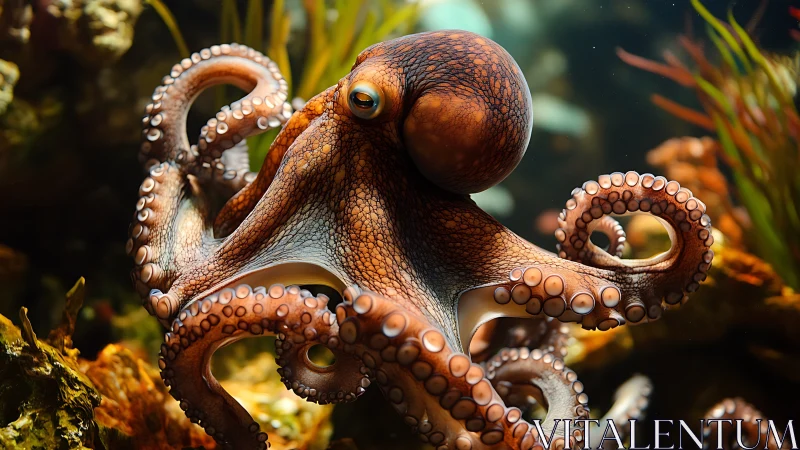 Curious octopus drifting through a colorful coral garden.