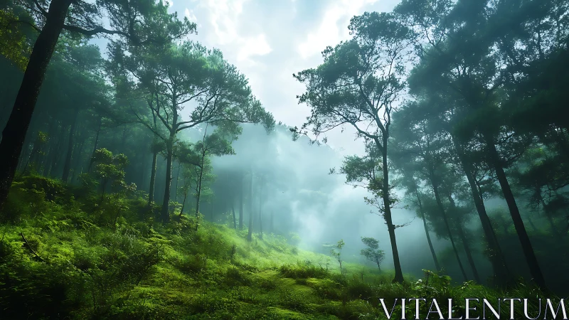 Misty forest valley with coniferous trees and atmospheric haze.