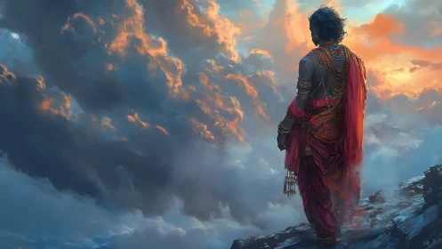 Figure in ornate red robes on cliff against dense clouds.