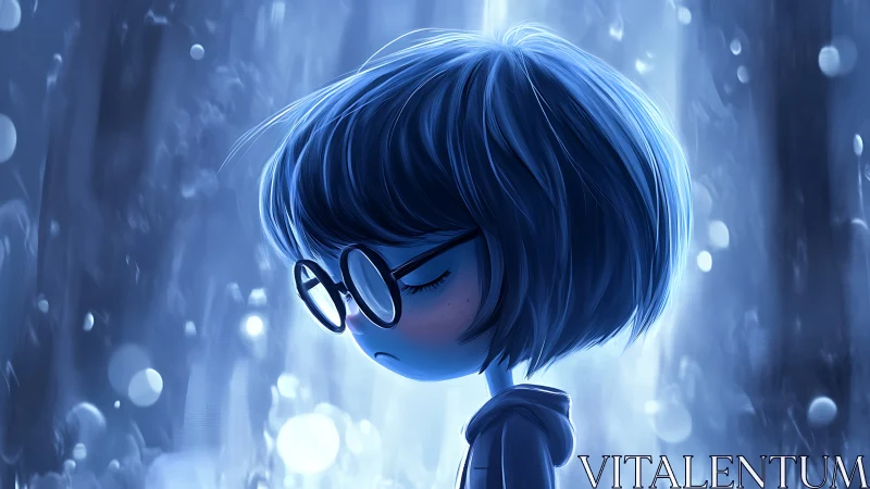 Side profile of child figure in blue-toned digital light