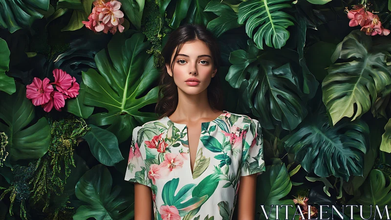 Photorealistic portrait in dense tropical foliage matrix.