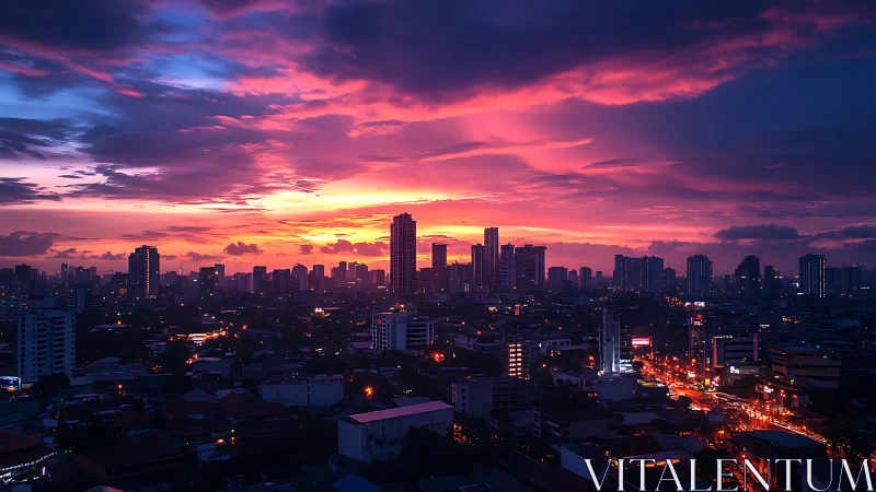 Vibrant city skyline under magenta twilight clouds.