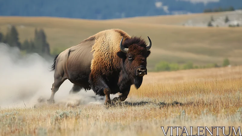 Wild prairie bison thundering across golden open plains.