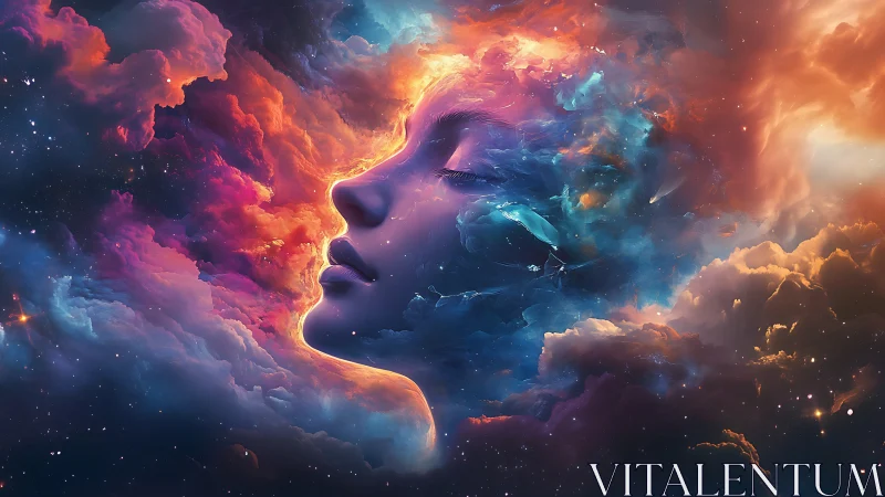 Dreaming nebula face emerges in a radiant cosmic sky