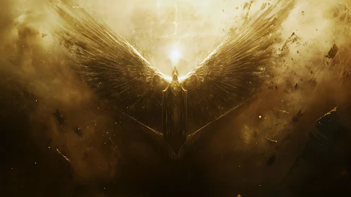 Digital painting of radiant celestial winged form in void.