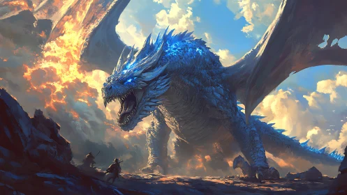 Stormcrowned ice dragon roars against a burning sky.