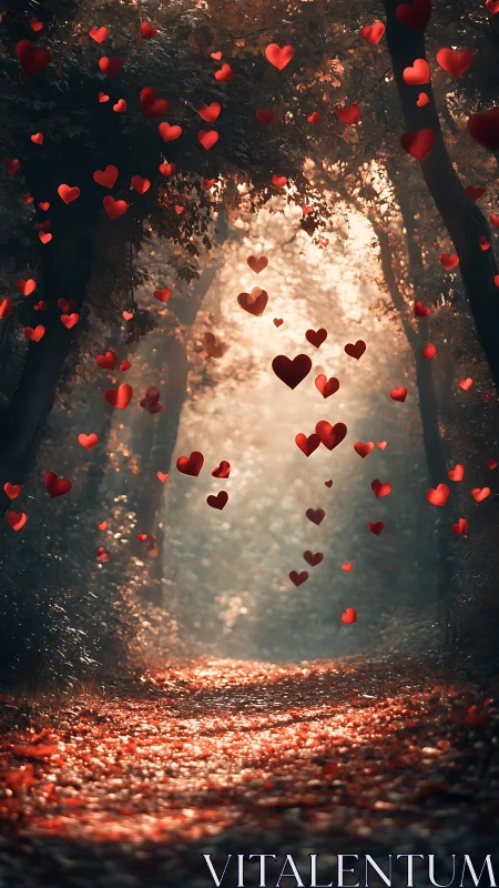 Ethereal forest tunnel filled with floating red hearts glowing with golden light.