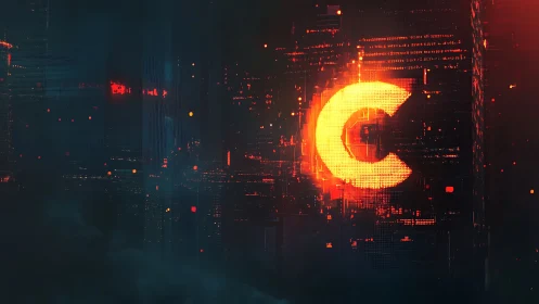 Glowing voxel C glyph embedded in dense cybernetic data matrix