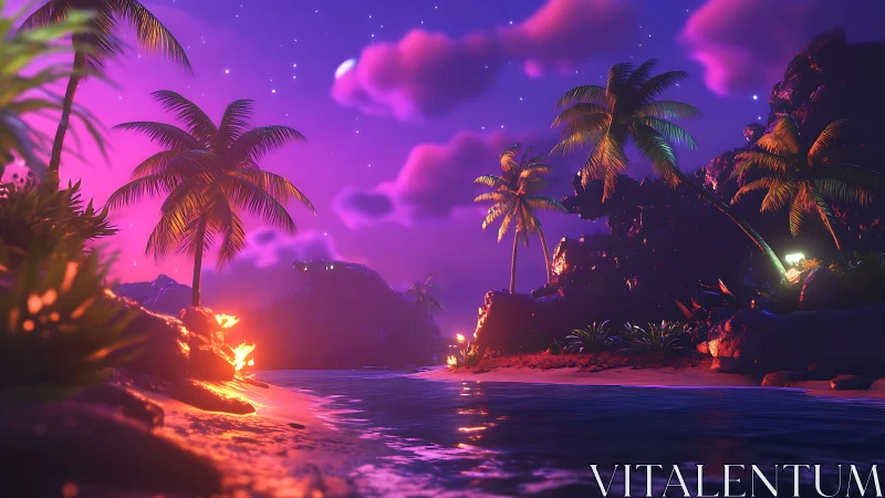 Neon Tropical Paradise: Luminescent Coastal Scene With Purple Sky