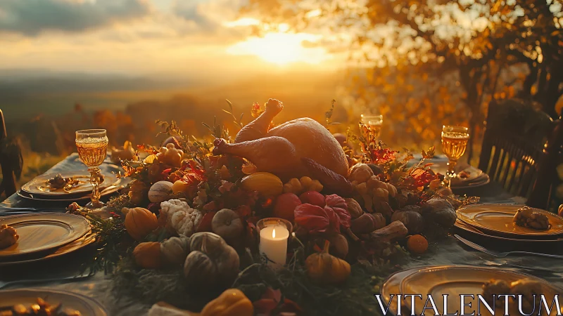 Golden hour harvest feast table with roasted turkey centerpiece.
